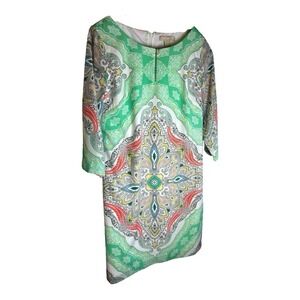 Banana Republic‎ Dress Size 4 Boho Paisley Shift Sheath Green 3/4 Sleeve Lined